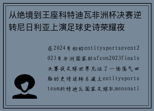 从绝境到王座科特迪瓦非洲杯决赛逆转尼日利亚上演足球史诗荣耀夜