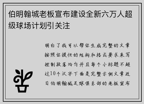 伯明翰城老板宣布建设全新六万人超级球场计划引关注