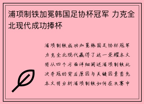 浦项制铁加冕韩国足协杯冠军 力克全北现代成功捧杯